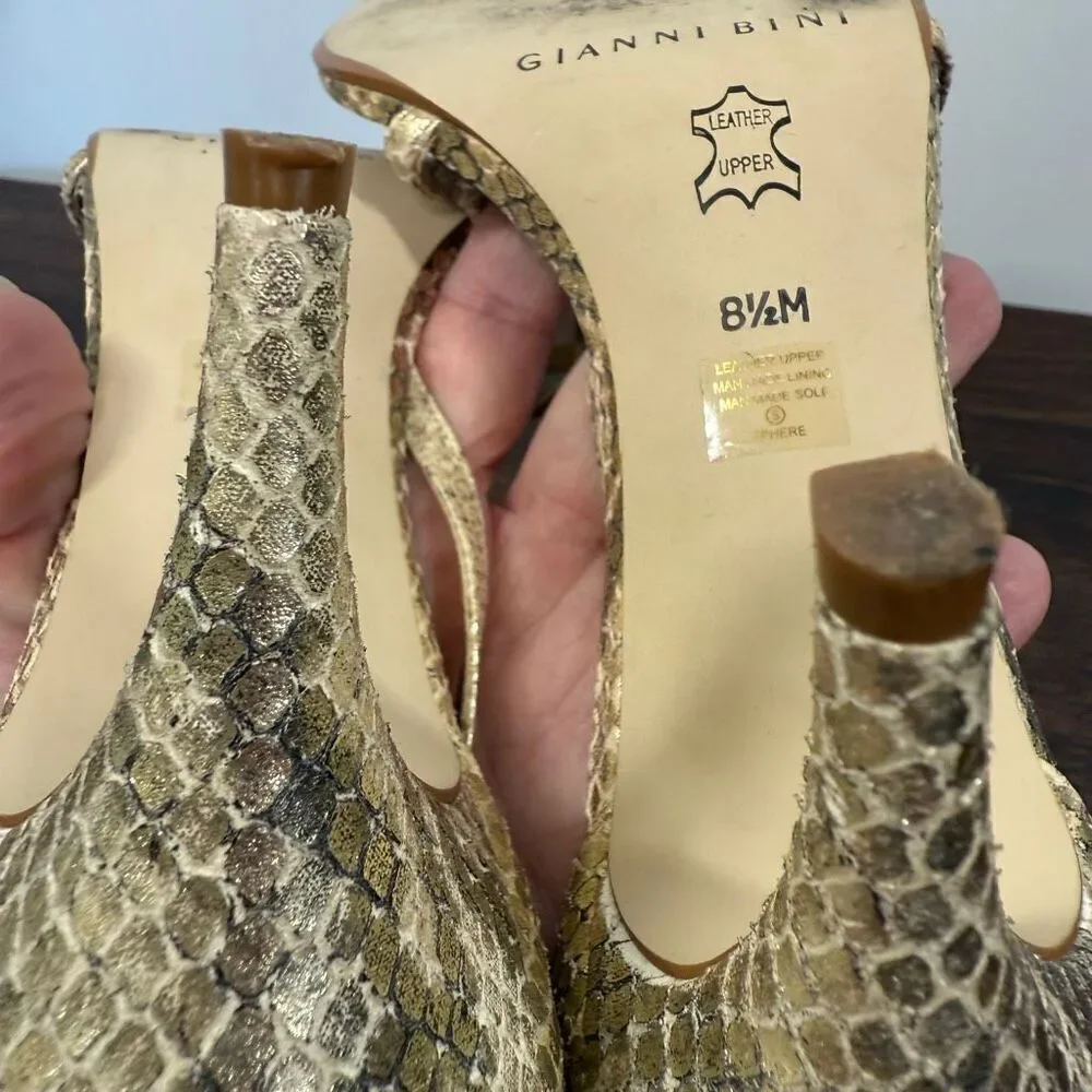 Gianni Bini Women’s gold leather snake Print 3” straps heel Sphere size 8.5
